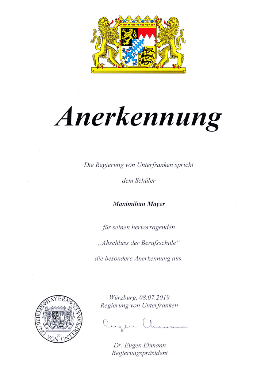 Maximilian Mayer Schneidwerkzeugmechaniker Anerkennung Berufsschule